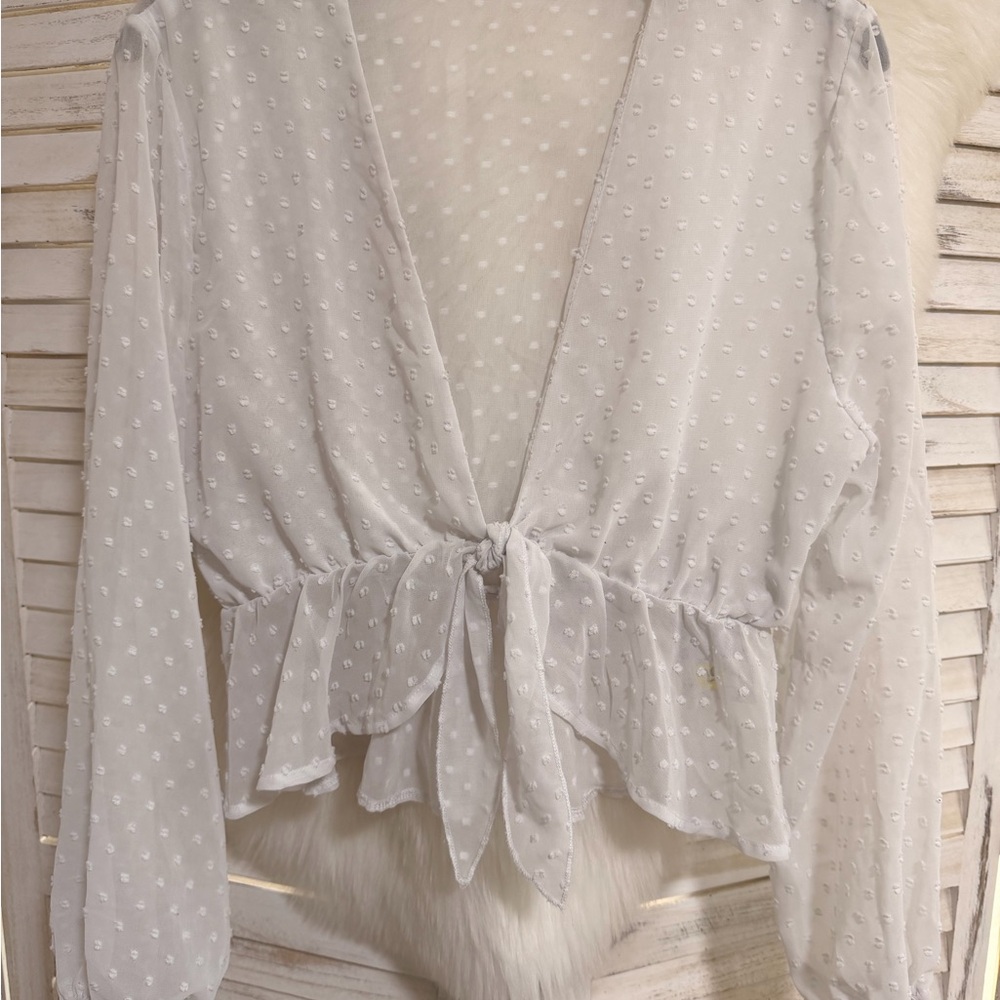 Tie-Front Swiss Dot Crop Top - White - Picture 4 of 7